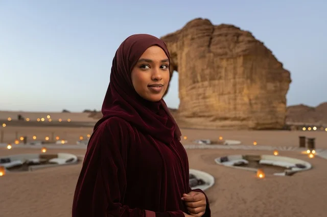 امرأة سعودية عند جبل الفيل في العلا وقت الغروب