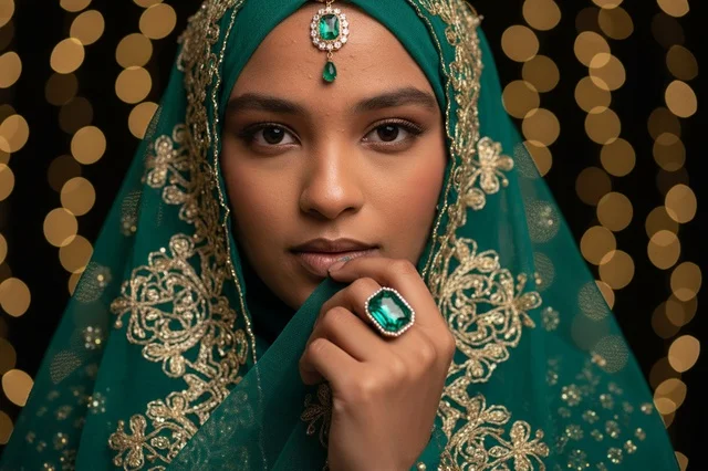 امرأة من جنوب آسيا بحجاب زفاف أخضر ومجوهرات زمرد