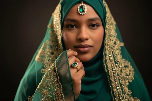 امرأة صومالية بملابس الزفاف التقليدية الخضراء
