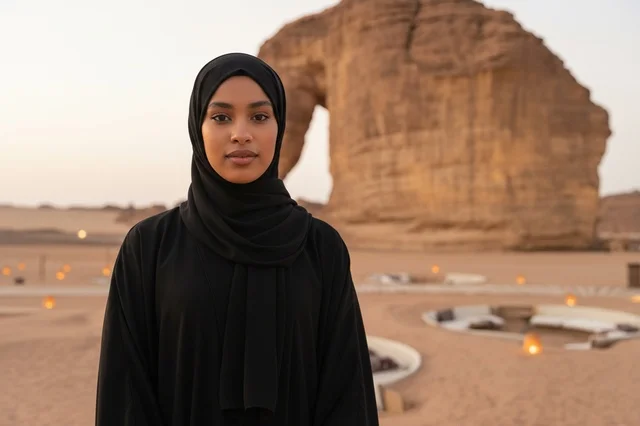 Saudi Woman at Elephant Rock AlUla at Sunset Saudi Woman at Elephant Rock AlUla at Sunset