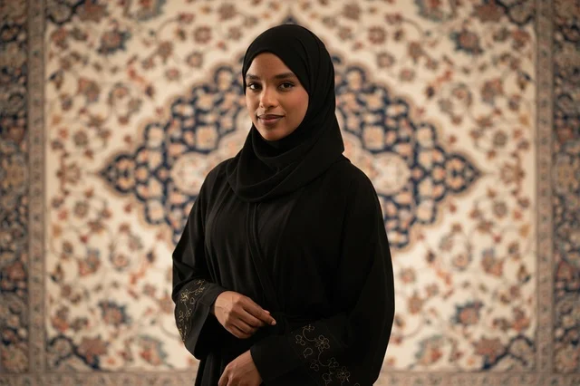 امرأة سعودية بالعباءة السوداء أمام خلفية سجاد