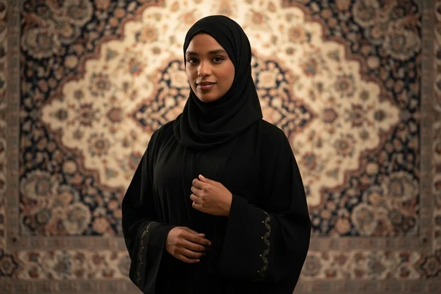 Saudi Woman in Black Abaya and Hijab with Rug Background