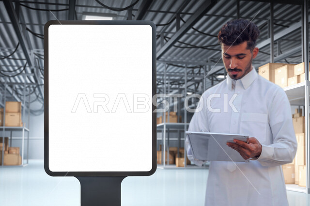 A young Saudi Arabian Gulf man makes inventory of goods in the warehouse Supervising warehouses and warehouses, supervising the receiving, storage and distribution operations, white illuminated commercial Unipol billboard, advertising and marketing advert