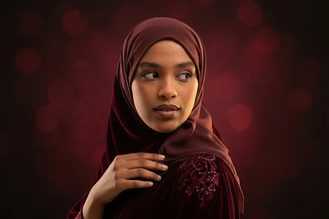 Saudi Woman in Maroon Velvet Abaya Studio Portrait