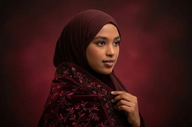 Somali Woman in Maroon Hijab and Velvet Dress