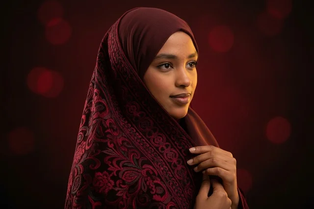 Somali Woman in Traditional Maroon Hijab and Abaya