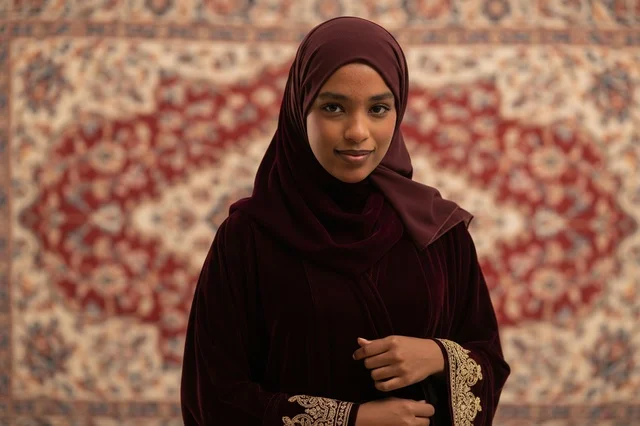 Saudi Woman in Burgundy Abaya with Traditional Carpet