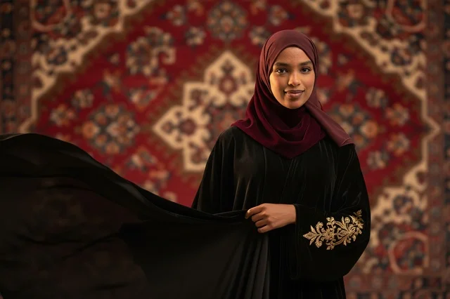 Somali Woman in Black Abaya and Hijab with Carpet
