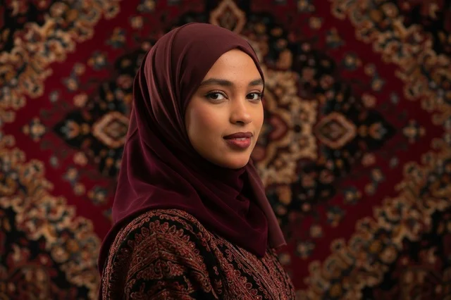 Somali Woman in Maroon Hijab and Traditional Dress