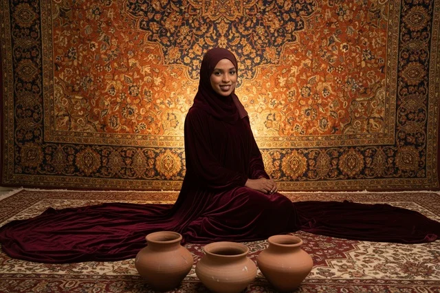 امرأة عربية بالعباية المخملية مع أواني فخارية تقليدية