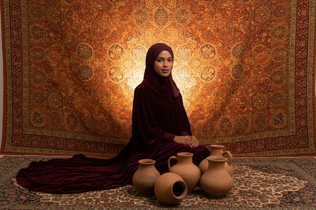Arab Woman in Maroon Abaya with Traditional Clay Pots