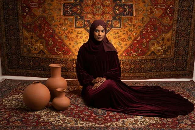 امرأة سعودية بعباءة مخملية مع فخار تراثي
