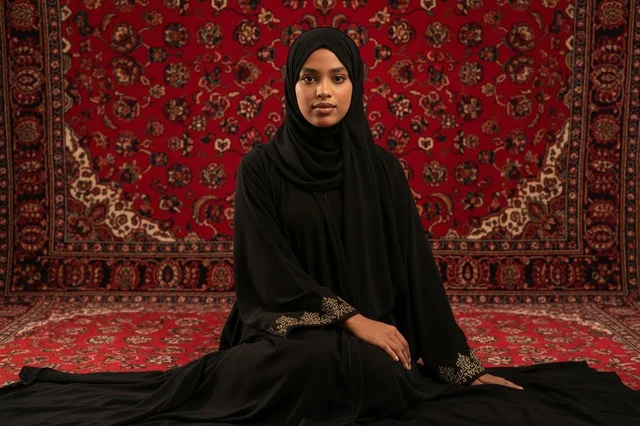 امرأة سودانية بعباءة سوداء على سجادة شرقية حمراء