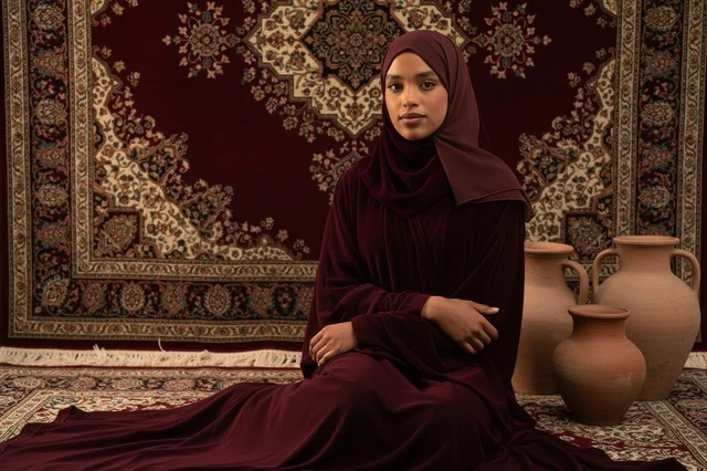 امرأة سعودية بعباية وحجاب عنابي تقليدي
