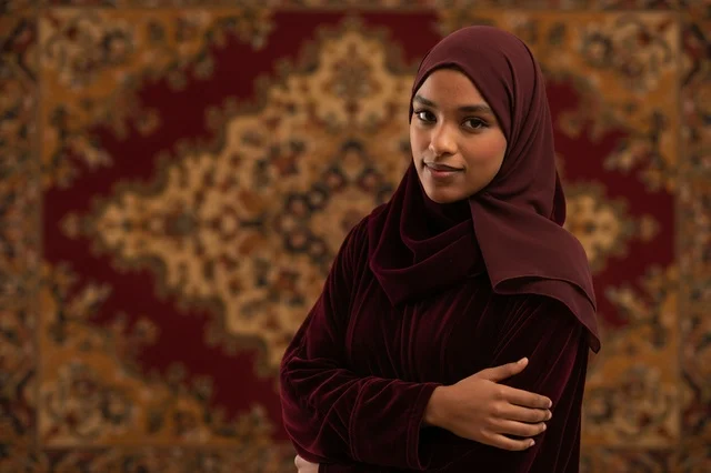 Saudi Woman in Maroon Velvet Abaya and Hijab