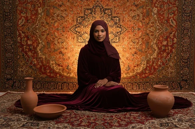 Saudi Woman in Traditional Velvet Abaya and Hijab