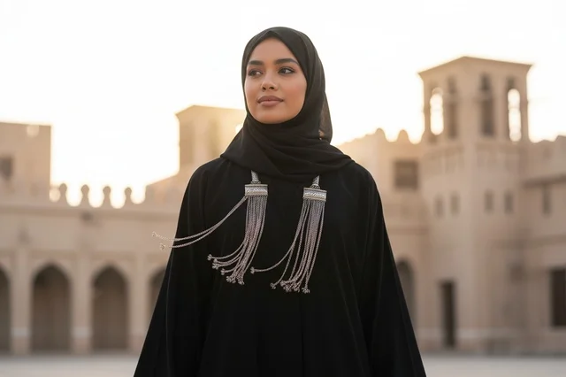 امرأة إماراتية بالعباءة السوداء في منطقة تراثية