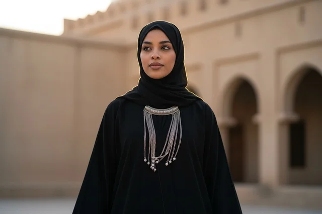 امرأة عمانية بالعباءة السوداء في قلعة طينية تاريخية