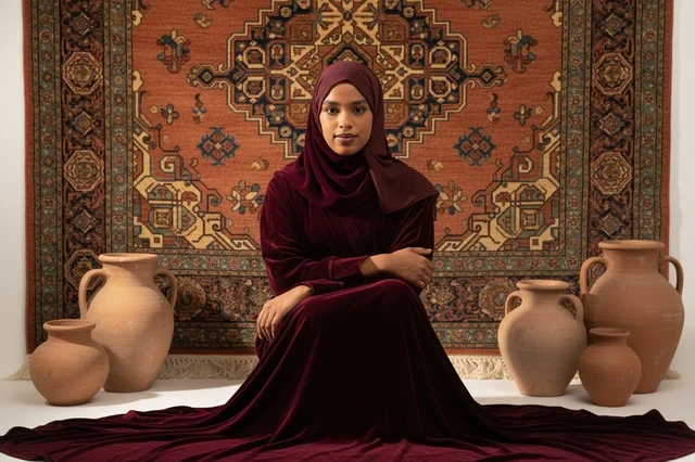 Saudi Woman in Maroon Velvet Abaya with Pottery