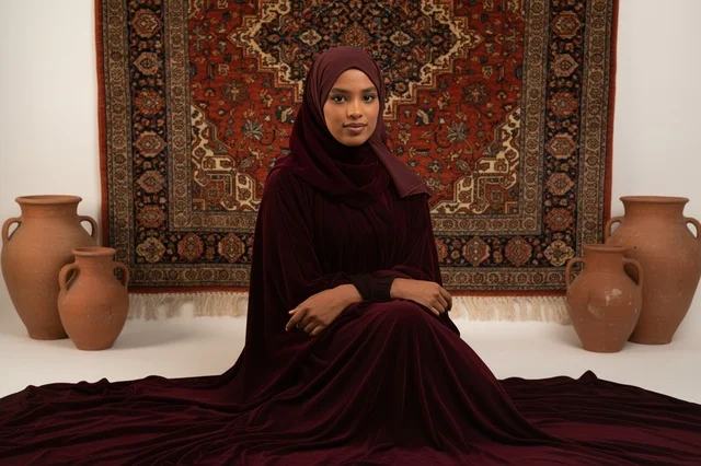 امرأة سعودية بعباءة مخملية عنابية تقليدية