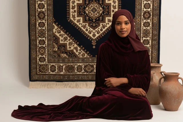 امرأة صومالية بعباءة مخملية عنابية وحجاب تقليدي