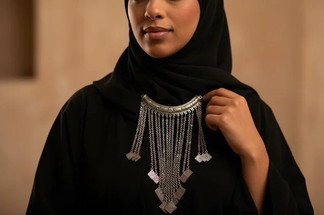 Omani Woman Wearing Traditional Silver Necklace