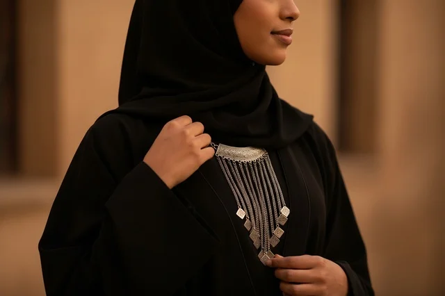 Omani Woman in Traditional Black Abaya and Silver Necklace