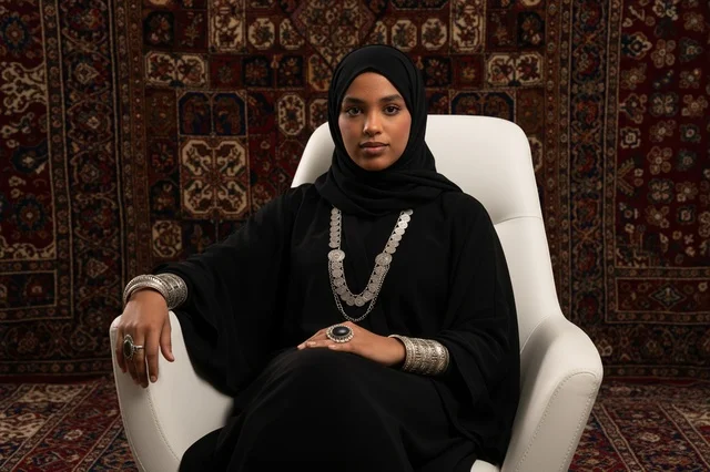 An Arab woman in an abaya and hijab with a traditional silver necklace.