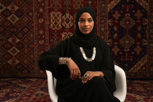 امرأة إماراتية بالعباءة السوداء والمجوهرات التقليدية