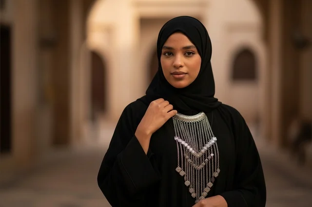 Arab Woman in Traditional Abaya with Silver Necklace