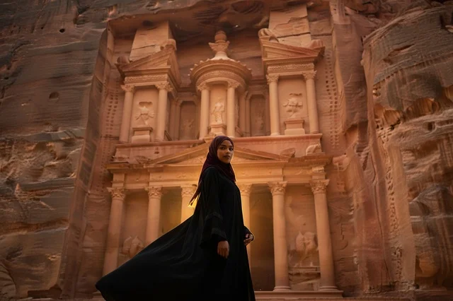 Woman in Abaya at Petra Jordan Treasury Al-Khazneh