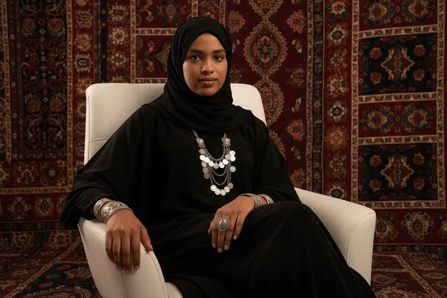 Emirati Woman in Abaya with Traditional Carpet Background