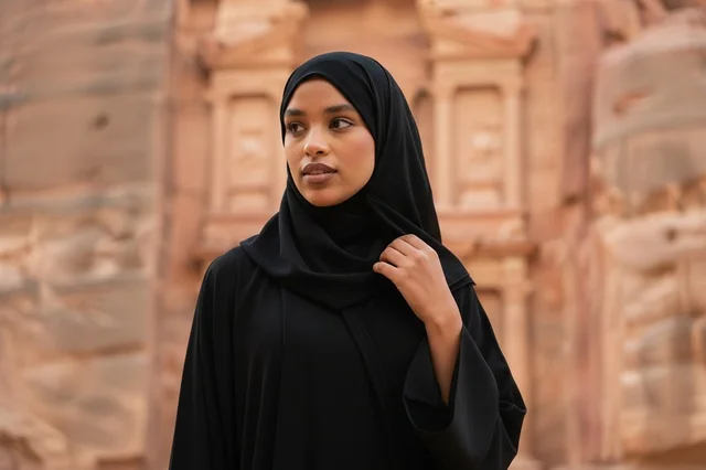 Jordanian Woman in Black Abaya at Petra Treasury
