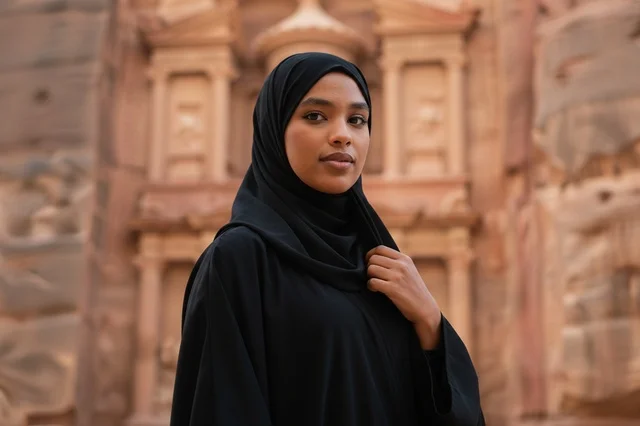 امرأة عربية بالعباءة أمام خزنة البتراء في الأردن