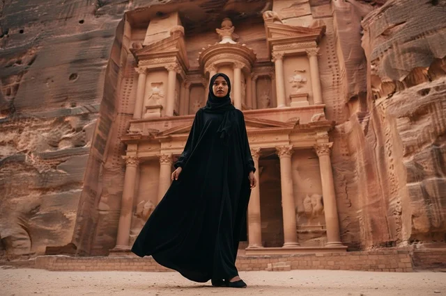 امرأة عربية بالعباءة أمام خزنة البتراء في الأردن