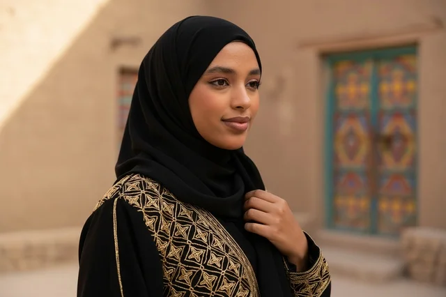 Saudi Woman in Traditional Embroidered Abaya at Heritage Site