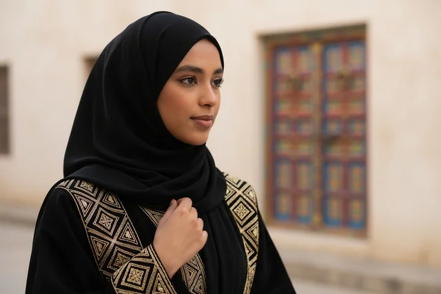 Emirati Woman in Traditional Abaya at Heritage Site