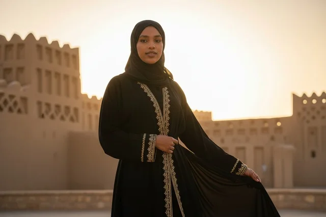 Saudi Woman in Gold Embroidered Abaya at Sunset