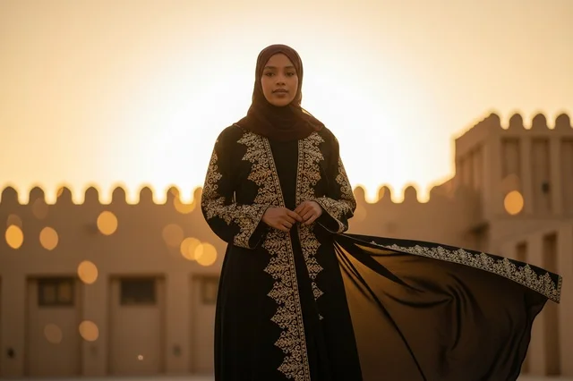 Saudi Woman in Traditional Abaya at Sunset Castle