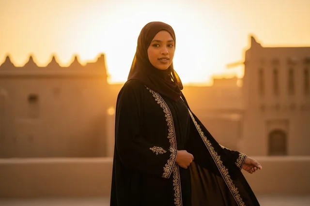 امرأة إماراتية بعباءة تقليدية وقت غروب الشمس