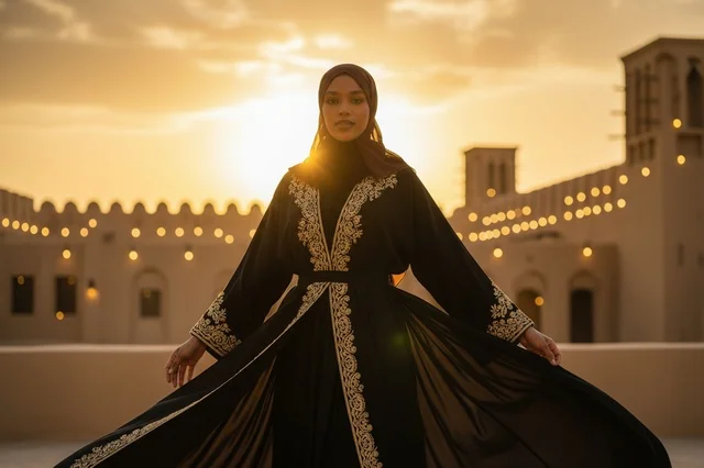 امرأة إماراتية بعباءة سوداء في موقع تراثي وقت الغروب