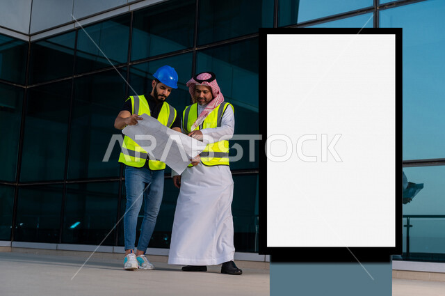 مشرف أعمال عربي خليجي سعودي يرتدي سترة خاصة بالعمل ، و مهندس عربي خليجي سعودي خلال مناقشة خطة تشييد موقع بناء و عمل بجانب لوحة يونيبول إعلانية تجارية مضيئة بيضاء ، إعلانات تسويقية ، متابعة استراتيجية المشروع ، موك أب لوحة إعلانية 