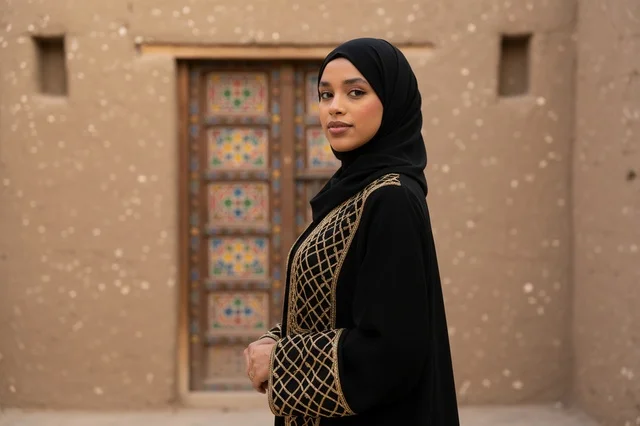 Emirati Woman in Traditional Abaya at Heritage Site