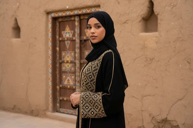 Saudi Woman in Traditional Abaya at Heritage Site