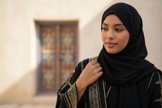 Emirati Woman in Black Abaya by a Traditional Heritage Door