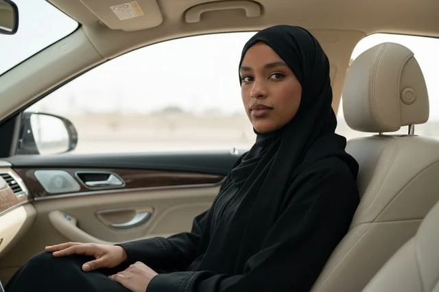 امرأة سعودية بالعباءة السوداء داخل سيارة فاخرة