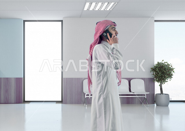 Saudi Arabian Gulf man standing beside white luminous commercial Unipol corporate billboard talking on mobile phone making business deals advertising remote work management e-marketing mok up billboard