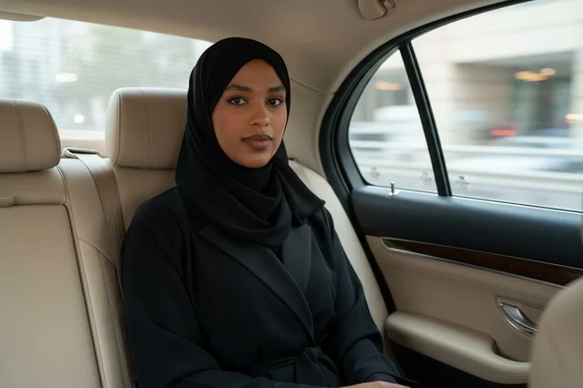 امرأة سعودية بالعباءة السوداء داخل سيارة فاخرة