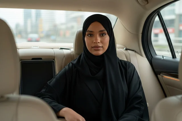 A Saudi woman in a black abaya inside a luxury car. A Saudi woman in a black abaya inside a luxury car.