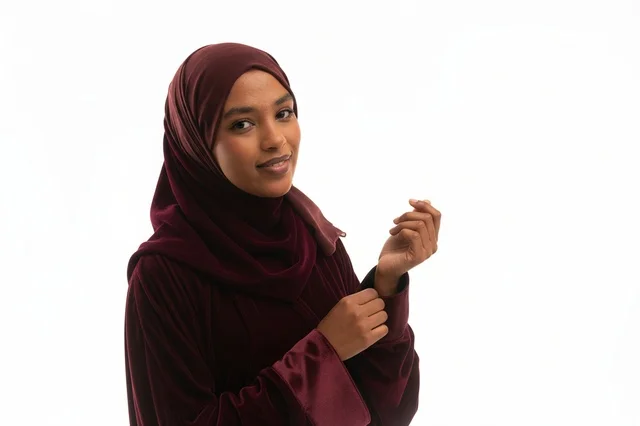 امرأة أفريقية بالحجاب والعباءة المخملية العنابية